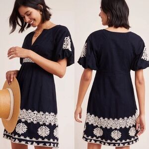 ANTHROPOLOGIE Orla Mini Dress Black Ecru Intricately Embroidered Detail Size 4